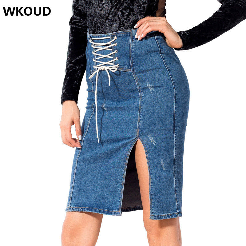 WKOUD 2018 Women's Bandage Skirts Fashion High Waist Solid Demin Skirt Sexy Knee-Length Bottom Casual Wear H1046