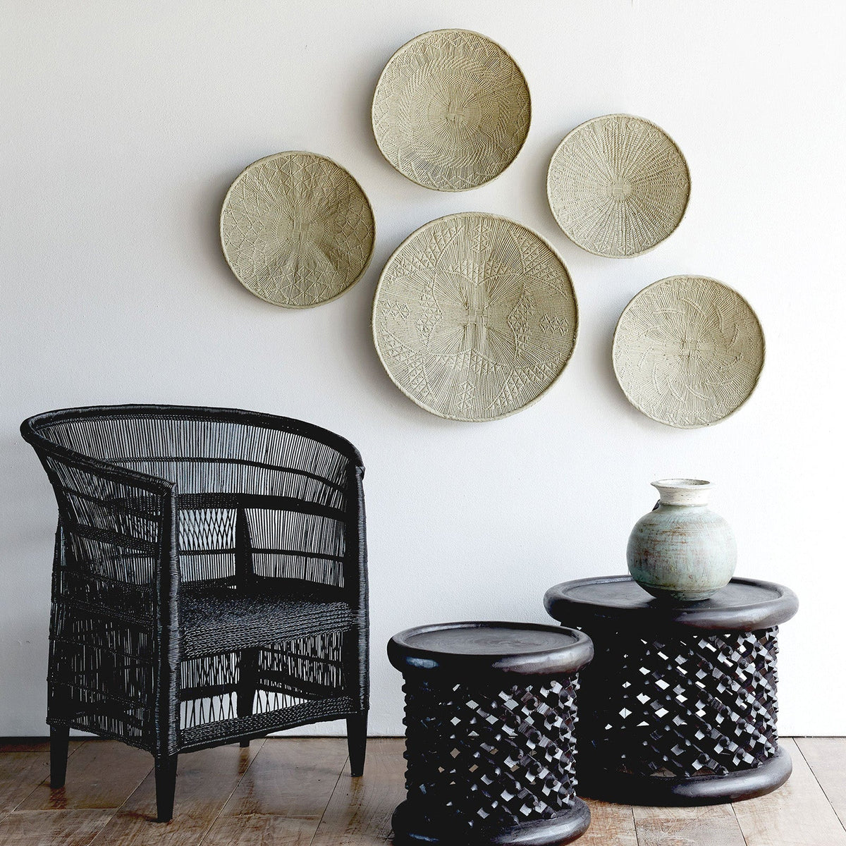 African Malawi Armchair in Black with Bamileke Stool Tribal Furniture from Originals Furniture Singapore