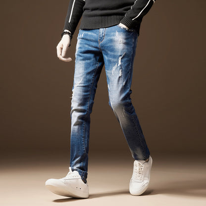 Men's Jeans Classic Direct Stretch Dark Blue Business Casual Denim Pants Slim Scratched Long Trousers Gentleman Cowboys