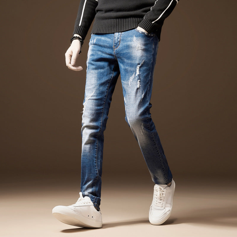 Men's Jeans Classic Direct Stretch Dark Blue Business Casual Denim Pants Slim Scratched Long Trousers Gentleman Cowboys