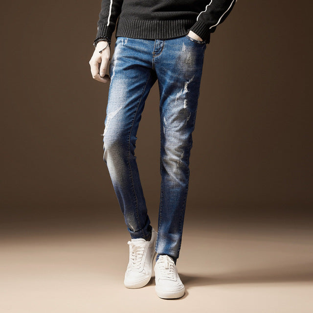 Men's Jeans Classic Direct Stretch Dark Blue Business Casual Denim Pants Slim Scratched Long Trousers Gentleman Cowboys
