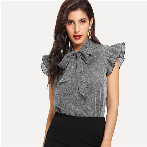 SHEIN Womens Gray Tied Neck Ruffle Sleeve Summer Casual Tops And Blouses 2018 New Elegant Office Lady Party Glitter Top Clothing
