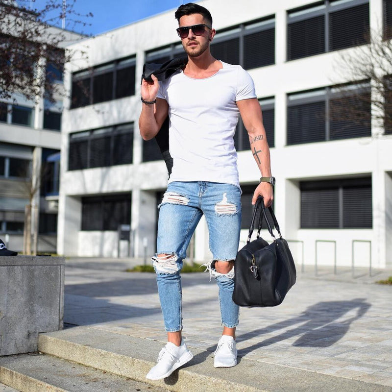 Washed hiphop jeans men pants 2018 skinny blue Jean Trousers for Man Boys New arrival Men Ripped holes Denim jeans with Pleated