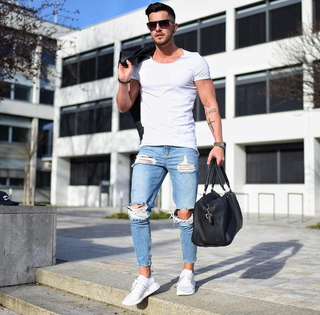 Washed hiphop jeans men pants 2018 skinny blue Jean Trousers for Man Boys New arrival Men Ripped holes Denim jeans with Pleated
