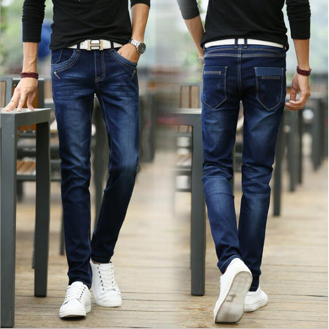 Casual Biker Motor Male Trousers 2018 Blue Buttons Pockets Design Slim Fit Skinny Denim Pants Men's jeans Stretch Joggers Jeans